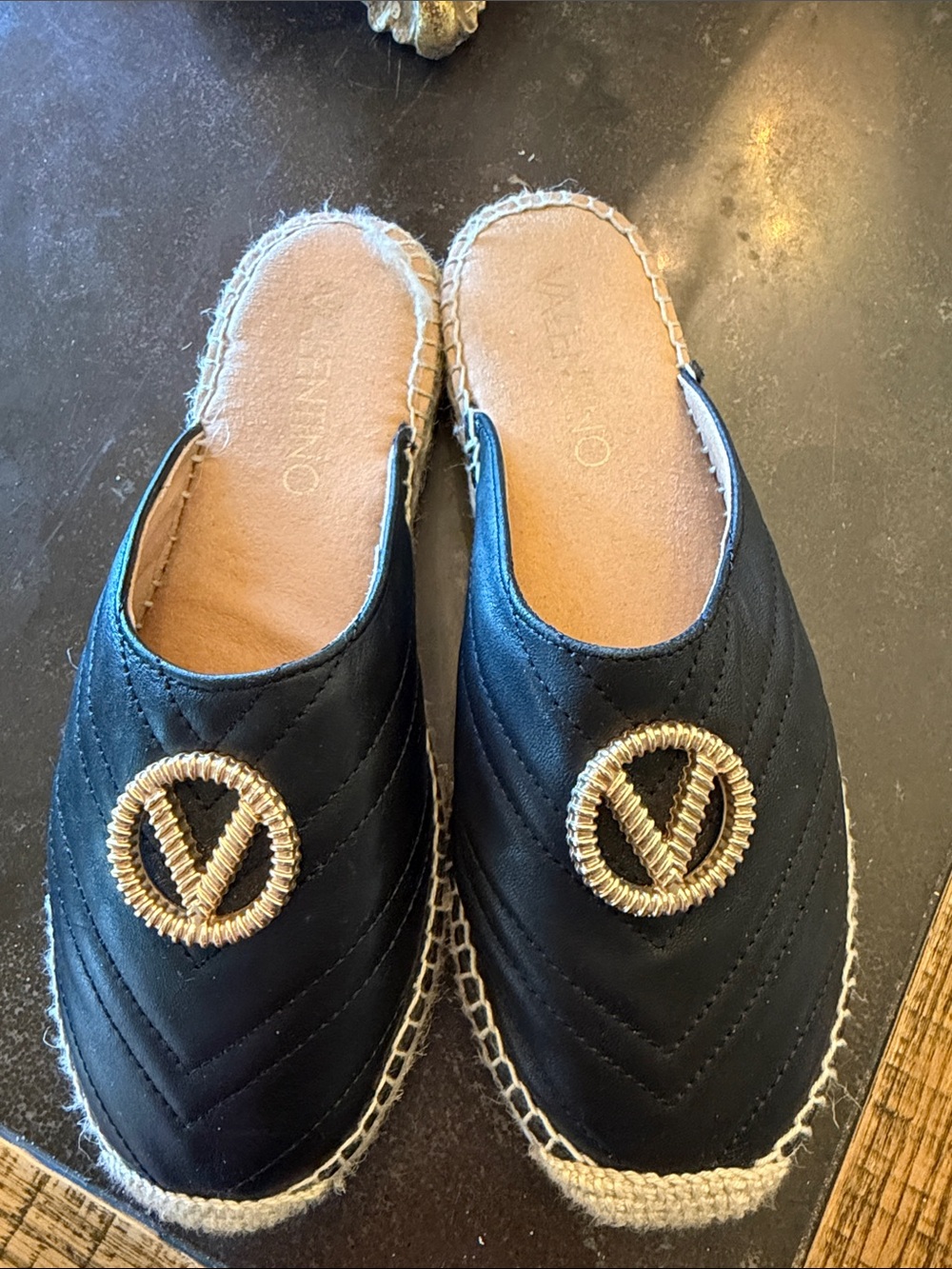 VALENTINO Black Quilted Slide Espadrille with Gold Accent